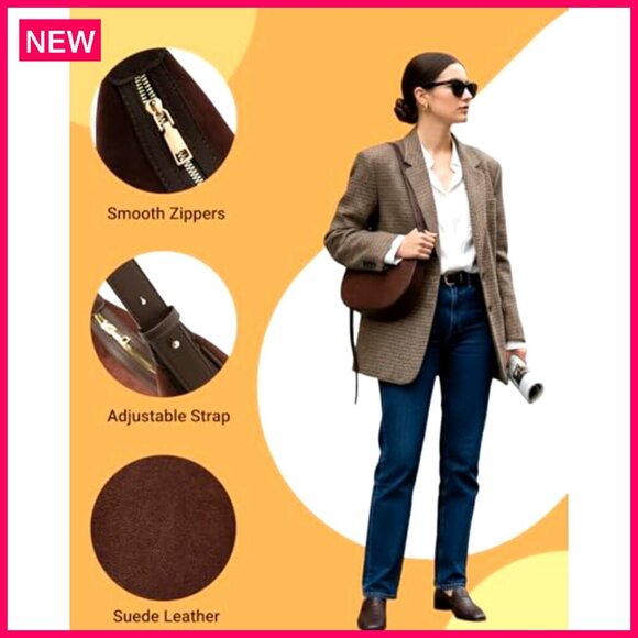 Vintage Suede Hobo Crossbody Bag Adjustable Strap Roomy Capacity 11.2" - Picture 7 of 8